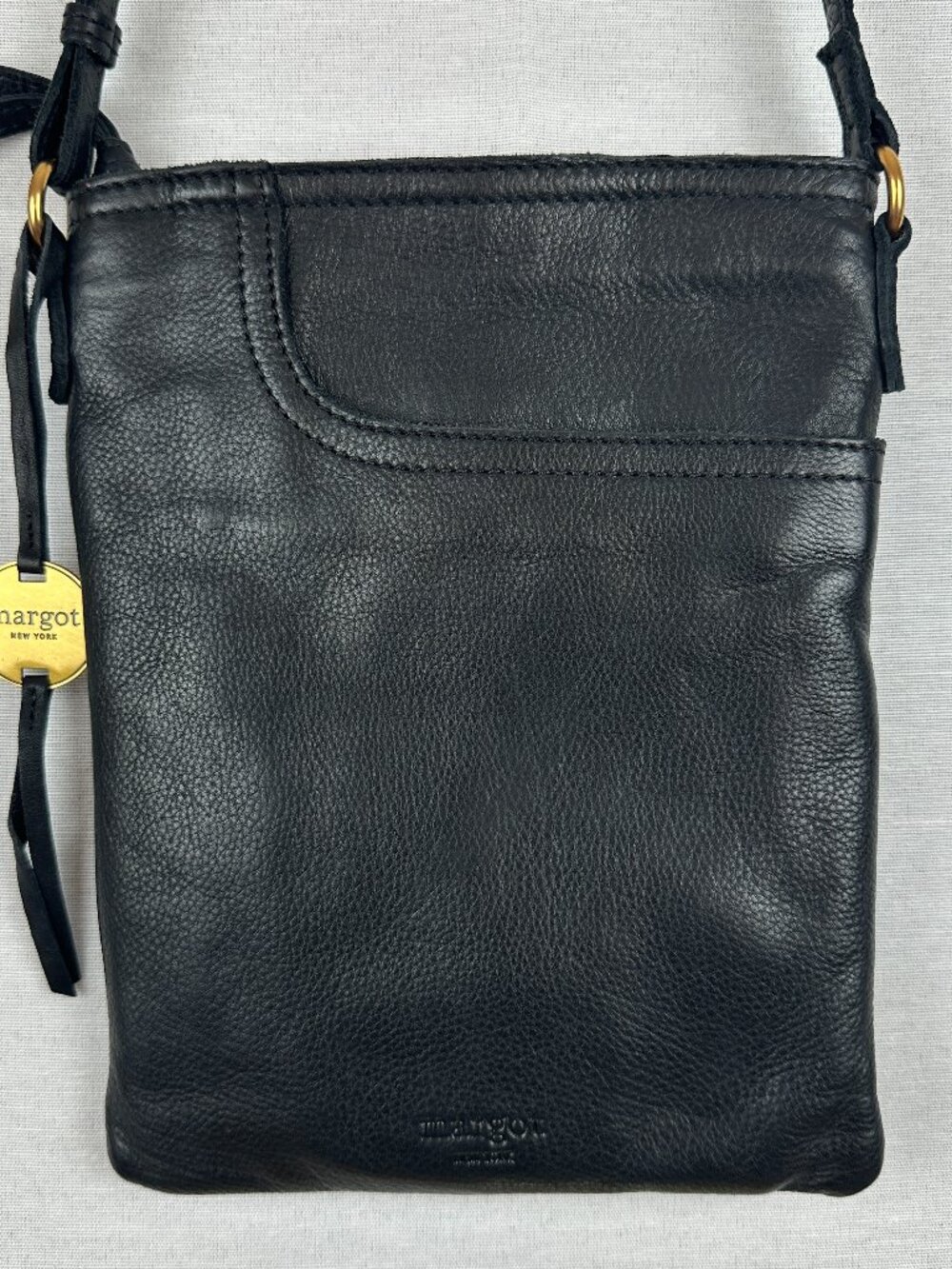 MARGOT NEW YORK 100% GENUINE LEATHER CROSSBODY SPLIT POCKET BAG IN BLACK